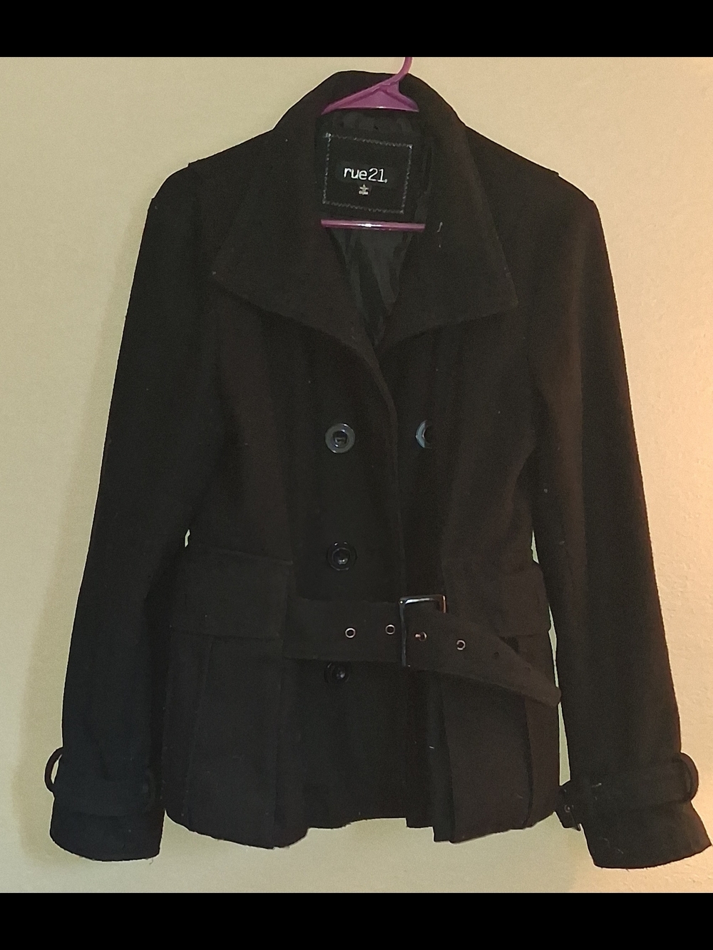 rue21 Black Double-Breasted Belted Trench Coat
